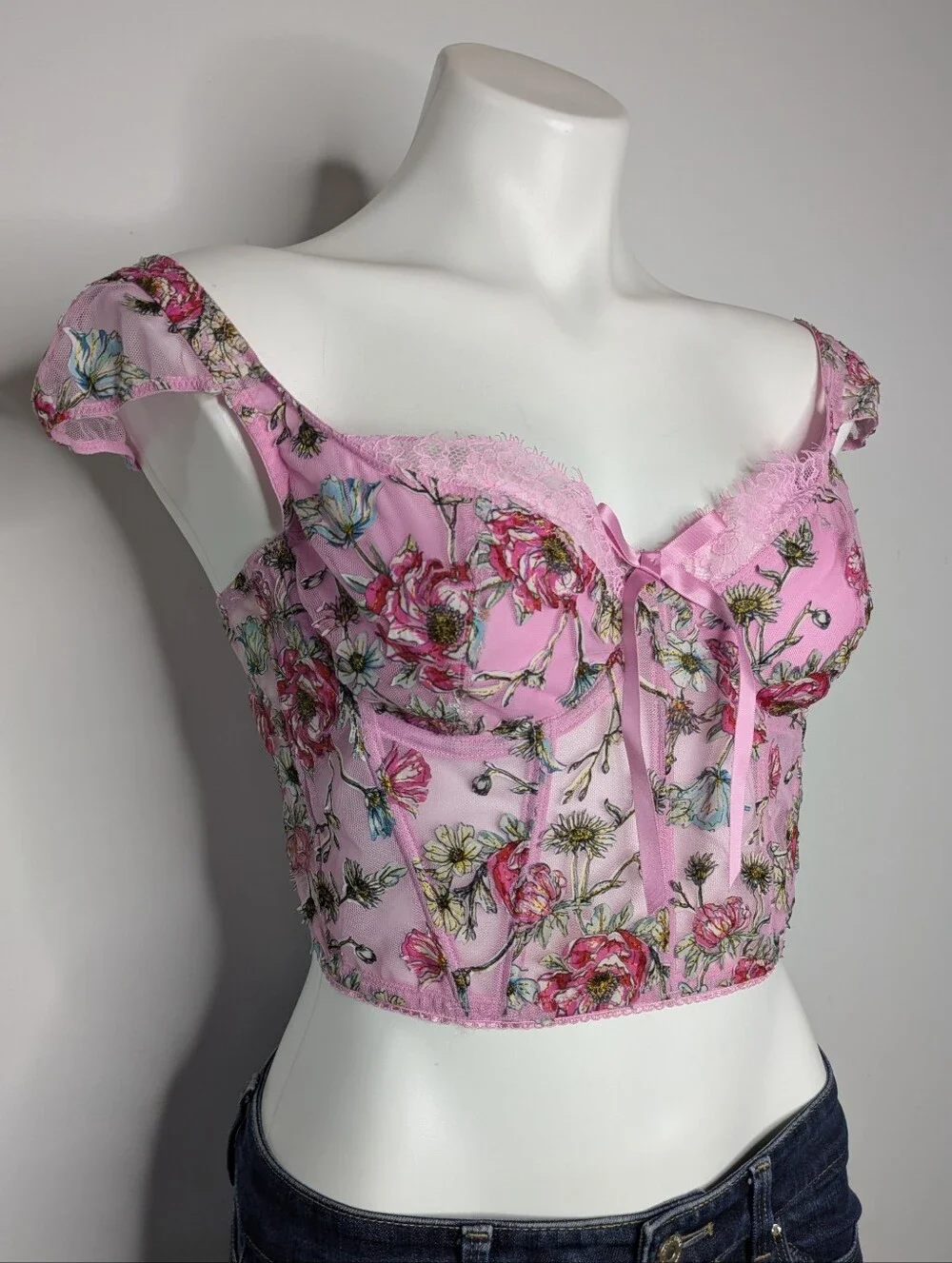 Victoria's Secret Dream Angels Floral Applique Mesh Lace Corset Bustier Top L
